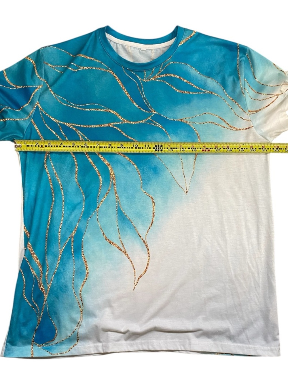 NEW Gradient Teal Green Blue & White Short Sleeve Top Gold with Marbled Accent - Picture 7 of 10